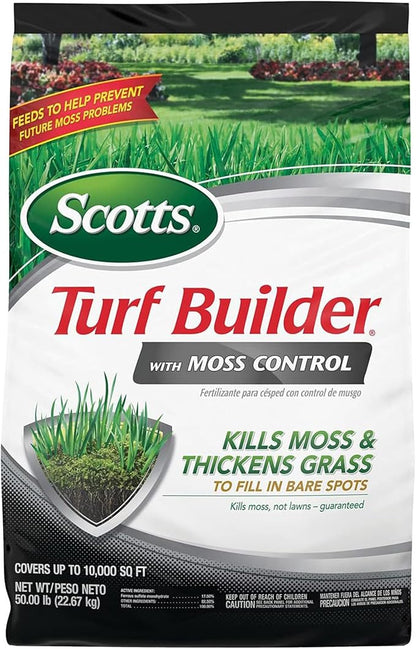 Scotts Turf Builder with Moss Control, Moss Killer and Lawn Fertilizer, Covers Up to 10,000 sq. ft., 50 lbs.