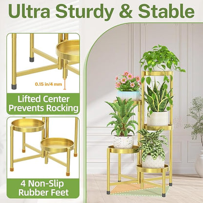 iDavosic.ly Plant Stand Indoor Outdoor, 5 Tier Corner Metal Flower Display Holder Shelf, Easy Assembly Folding Tall Orchid Rack for Patio Balcony Porch Garden Living Room House, Gold