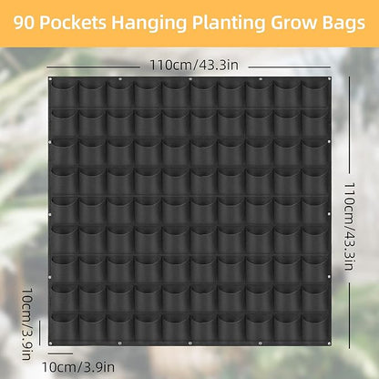 Hanging Planting Grow Bags, 90 Pockets Wall Planter Wall Mounted Grow Bag Outdoor Indoor Gardening Vertical Greening Flower Container, Planting Bags Storage Bags(1.1 m × 1.1 m, Black)