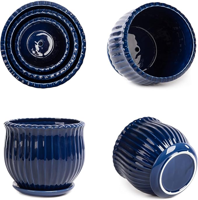 Ceramic Flower Pots, Ceramic Planters with Drainage Hole and Saucer, Modern Round Ceramic Succulent Plant Pots with Stripe Texture, Small to Medium Sized, Set of 3, Navy Blue