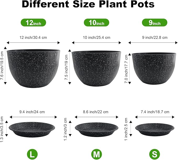 12/10/9 inch Plant Pots, 3 Pack Flower Pots for Outdoor Indoor Garden Plants, Large Planters with Multi Mesh Drainage Holes and Saucer (Speckled Black, 12"+10"+9")