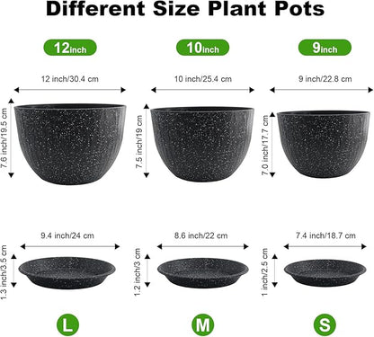 12/10/9 inch Plant Pots, 3 Pack Flower Pots for Outdoor Indoor Garden Plants, Large Planters with Multi Mesh Drainage Holes and Saucer (Speckled Black, 12"+10"+9")