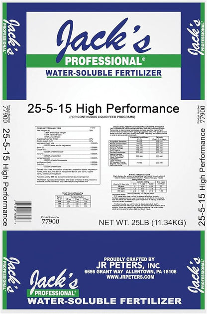 Jack's Professional 25-5-15 High Performance Water-Soluble Fertilizer with Micronutrients for Heavy Feeding Plants in Continuous Liquid Feed Programs, 25lbs