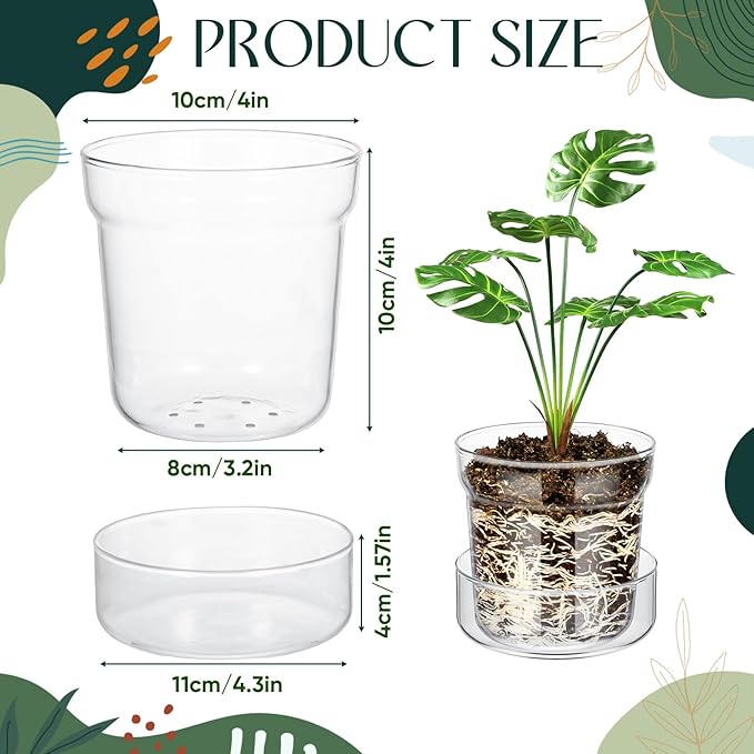 Baderke 4 Inch Glass Plant Pots with Saucer, Flower Nursery Plant Pots with Drainage for Flower Seed Starter Transparent Seedling (2 Sets)
