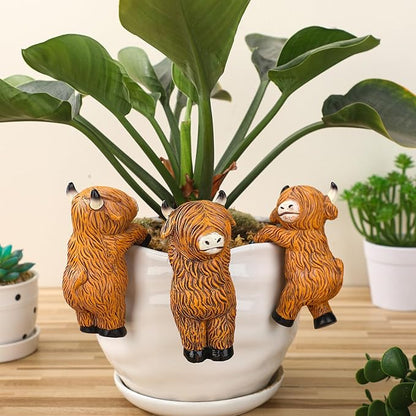 Set of 3 Flower Hugger Plant Decoration for Pot Highland Cow Resin Figurines Country Funny Animal Farmhouse Decorations for Planter Pots Hanging Farm Ornament Indoor Outdoor for Planter Lover