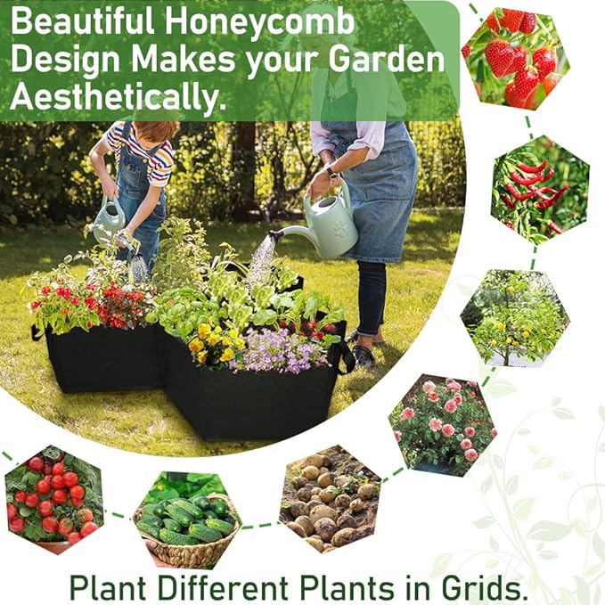 Large Fabric Raised Garden Bed Outdoor, Planter Raised Beds 3 Hexagonal Grids with Handles, Cloth Raised Garden Bed Grow Bags for Vegetables - 7x1ft (54 Gallon, 2 Pack)
