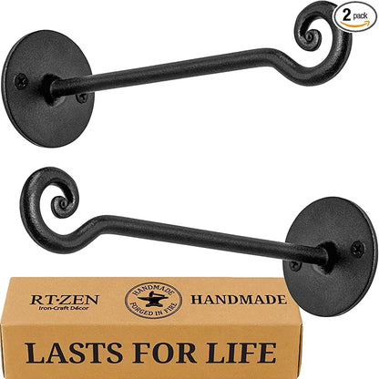 RTZEN Plant Hangers Indoor or Outdoor - Wrought Iron Metal Hanger Indoor Hook - Heavy Duty Wall Bracket Hooks for Hanging Plants Baskets Lanterns Wind Chimes - 2 Pack (Black Swirl Hooks)