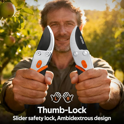 VOTREK® Pruning Shears, 8.5” Professional Garden Pruner with Jam-Proof Spring & Ever-Sharp SK5 Blade, Ergonomic Bypass Clippers for Rose, Tree Trimming, Heavy Duty Bonsai Scissor for Weak Hand