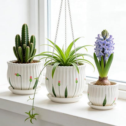 Plant Pots for Indoor Plants Set of 3, 4+5.3+6.7 Inch Ceramic Plant Pots with Drainage Hole，Cute Garden Pots Succulent Pots with Saucer