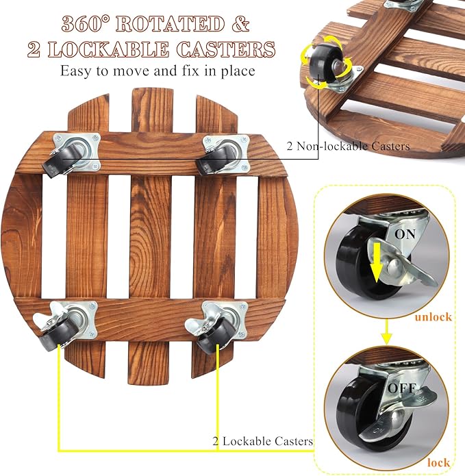 2 Pack 12" Plant Caddy with Wheels, Rolling Plant Stand 220 LB Heavy Duty Wooden Round Plant Dolly with Metal 360° Lockable Caster Wheels for Outdoor Indoor Large Plant Pots, Flower Pot, Patio