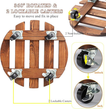 2 Pack 12" Plant Caddy with Wheels, Rolling Plant Stand 220 LB Heavy Duty Wooden Round Plant Dolly with Metal 360° Lockable Caster Wheels for Outdoor Indoor Large Plant Pots, Flower Pot, Patio