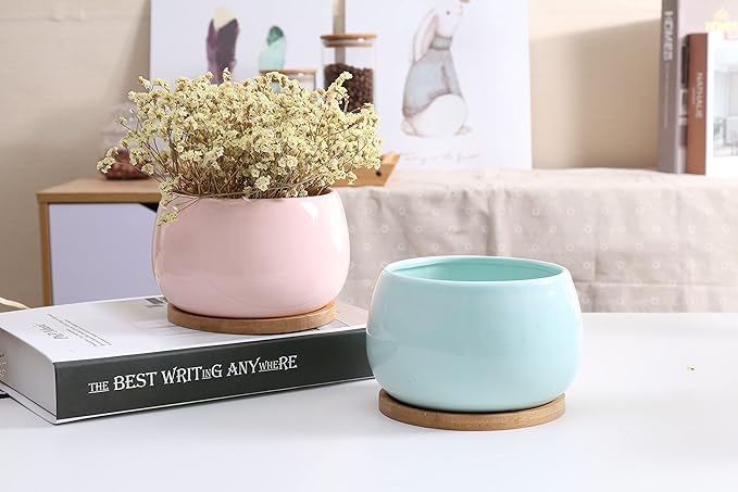 Jusalpha 5'' Ceramic Large Succulent Cactus Plant Pot with Drainage Hole & Bamboo Saucer for Indoor Plant, Planter 07 (Blue)