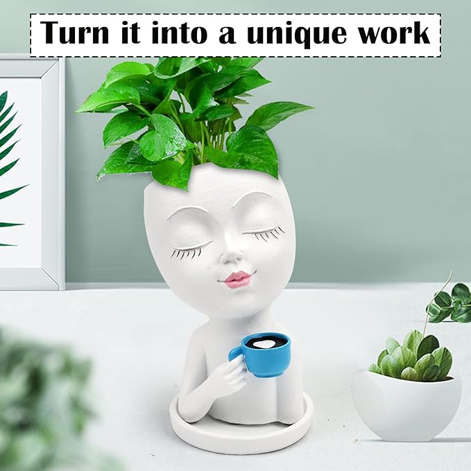 Face Flower Pot Head Planter for Indoor Outdoor, Unique Succulent Planter with Drainage Hole, Cute Lady Face Plant Pots Coffee Table Decor Gift IdeaI for Mother and Appreciation Christma