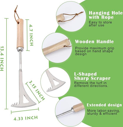 Crack Weeder, 13.4" Stainless Steel Crevice Weeding Tool with Wood Handle, L-Shaped Side-Walk Weed Puller Spatula, for Garden Lawn Yard Patio Terrace Paving Moss, Small Gardening Tool