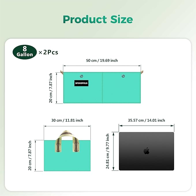 2 Pcs 8 Gallon Rectangle Grow Bags for Growing Vegetables, Reusable Plant Containers for Herbs, Flowers and Fruits, Green