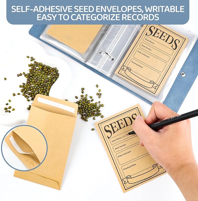 Seed Storage Organizer Binder, Leather Seed Packet Organizer with 50 Pack Seed Envelopes, Garden Seed Storage Holder Book, Plant Seed Saver, Flower Seed Keeper, Blue, 3.1x4.7 Inch Seed Envelopes