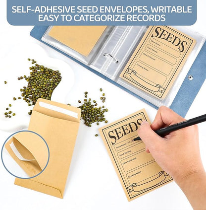 Seed Storage Organizer Binder, Leather Seed Packet Organizer with 50 Pack Seed Envelopes, Garden Seed Storage Holder Book, Plant Seed Saver, Flower Seed Keeper, Blue, 3.1x4.7 Inch Seed Envelopes