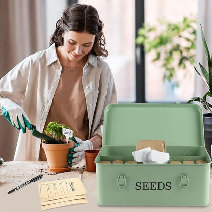 Seed Storage Box, Metal Seed Bin Seed Storage Organizer, 4 Dividers Seed Container with Safety Lock, Seed Box with Professional All-in-one Kit, Green