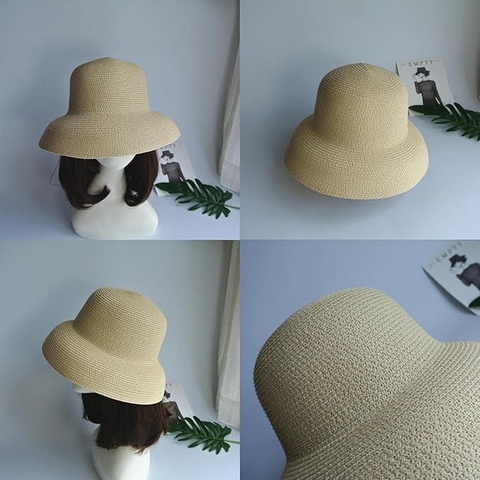 Wide-Brim Classic Elegant Style Foldable Straw Hat Women's Retro UV Resistant Sun Hats for Outdoor, Beach and Travel
