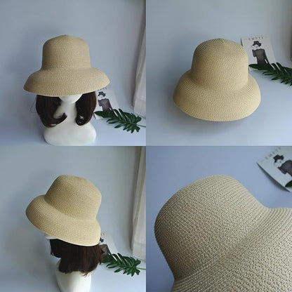 Wide-Brim Classic Elegant Style Foldable Straw Hat Women's Retro UV Resistant Sun Hats for Outdoor, Beach and Travel
