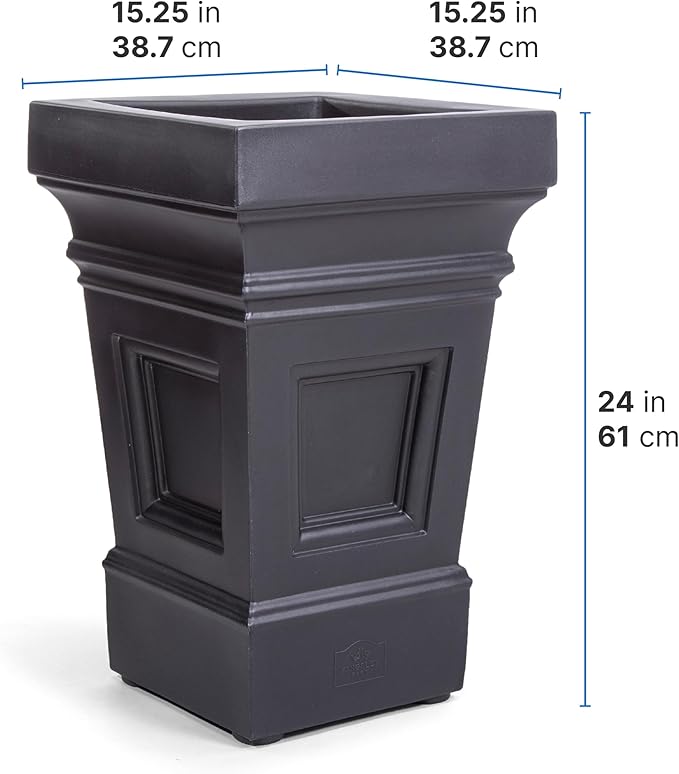 Step2 Atherton Square Planter, Large Planters for Outdoor Plants, Gardening and Flower Pot for Patio or Porch, Efficient Drainage, Durable Plastic, Onyx Black, 2-Pack