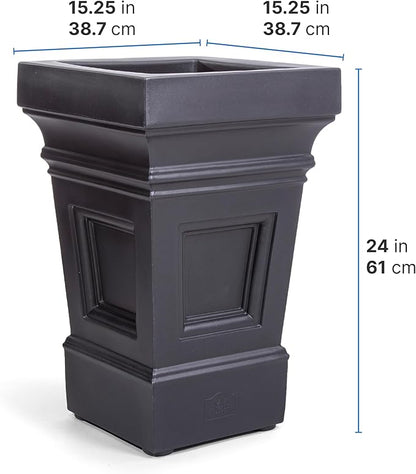 Step2 Atherton Square Planter, Large Planters for Outdoor Plants, Gardening and Flower Pot for Patio or Porch, Efficient Drainage, Durable Plastic, Onyx Black, 2-Pack