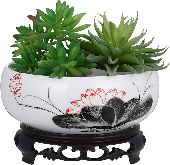 YARNOW Ceramic Lotus Bowl Cactus Bowl Planter Ceramic Water Lily with Stand for Home Office Garden