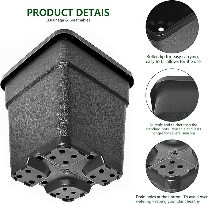 5-Pack 9.77 Gallon Square Planter Nursery Pots, Flower Plant Container Injection Molded Plastic Nursery Pot Gardening Pots for Indoor Outdoor Vegetables, Succulents, Black