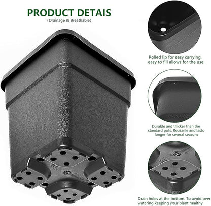 5-Pack 9.77 Gallon Square Planter Nursery Pots, Flower Plant Container Injection Molded Plastic Nursery Pot Gardening Pots for Indoor Outdoor Vegetables, Succulents, Black