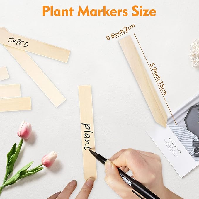 50 PCS Plant Labels with a Black Marking Pen, 5.9 Inch Waterproof Plant Label for Outdoor Indoor Potted Plants, Wooden Plant Tags Gardening Gifts for Women Men