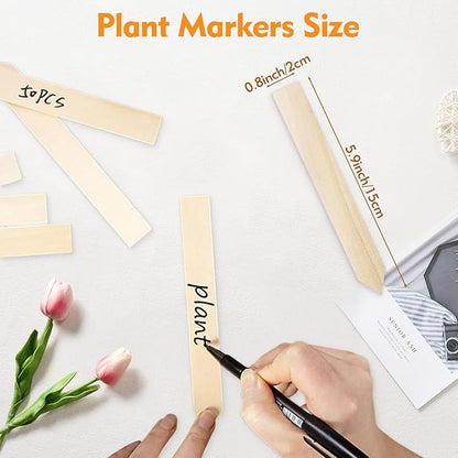 50 PCS Plant Labels with a Black Marking Pen, 5.9 Inch Waterproof Plant Label for Outdoor Indoor Potted Plants, Wooden Plant Tags Gardening Gifts for Women Men