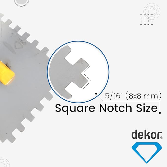 DEKOR Notched Trowel - 18" x 4.75" - Square Notch 5/16" - German Stainless Steel - Tile Tools, Concrete and Drywall Trowel, Made in Europe for DIY & PRofessional Use (Plastic Handle)