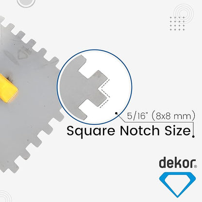 DEKOR Notched Trowel - 18" x 4.75" - Square Notch 5/16" - German Stainless Steel - Tile Tools, Concrete and Drywall Trowel, Made in Europe for DIY & PRofessional Use (Plastic Handle)