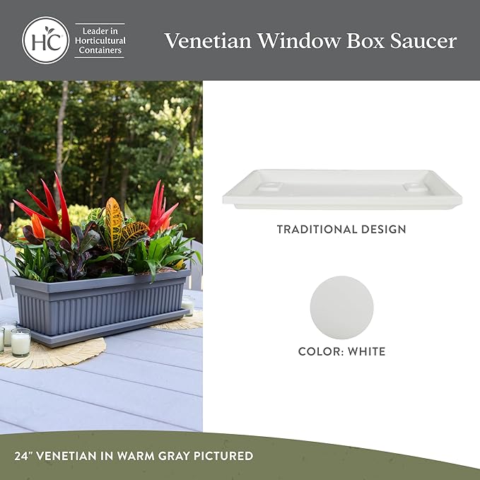 The HC Companies 23.5 Inch Venetian Rectangular Plant Saucer - Indoor Outdoor Plastic Plant Trays for Pots - 23.5"x7.5"x1.3" White