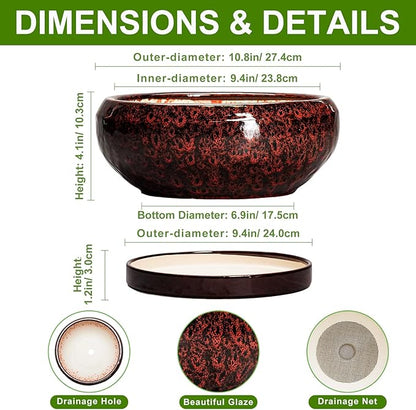 Bonsai Tree Pots - 10 Inch Ceramic Succulent Planters for Indoor Outdoor, Bonsai Pots with Drainage Hole and Saucer, Shallow Round Planter, Planter Bowl, Patio Decor, Gifts for Women, Red