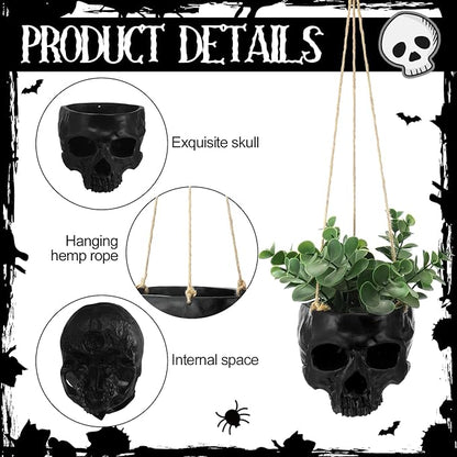 2 Pack Hanging Skull Planter Pot with Ropes Gothic Skeleton Plant Pot Skull Candy Bowl for Succulent Plants Flowers Horror Head Wall Decoration
