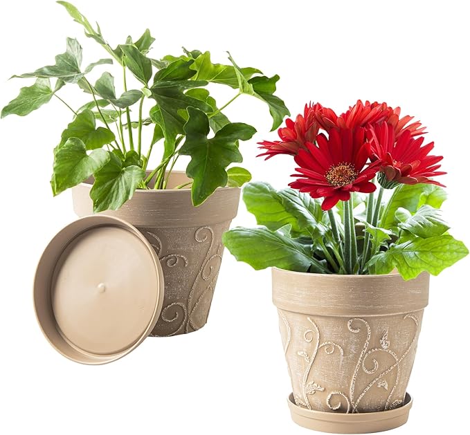 Melphoe Plant Pots Indoor with Drainage & Saucer, 2Pack 8 inch Flower Pots Outdoor Planters for Indoor Plants Garden Home Decor Cactus Succulent, Rigid Plastic (Imitation-Terracotta) Vine-Embossed