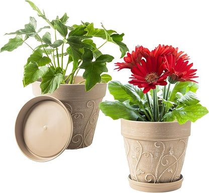 Melphoe Plant Pots Indoor with Drainage & Saucer, 2Pack 8 inch Flower Pots Outdoor Planters for Indoor Plants Garden Home Decor Cactus Succulent, Rigid Plastic (Imitation-Terracotta) Vine-Embossed