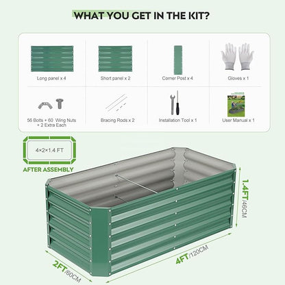 ZORMY 4×2×1.4ft Galvanized Raised Garden Bed Kit, Metal Planter Boxes Outdoor, High Raised Beds for Vegetables, Fruits, and Flowers - LotusGreen