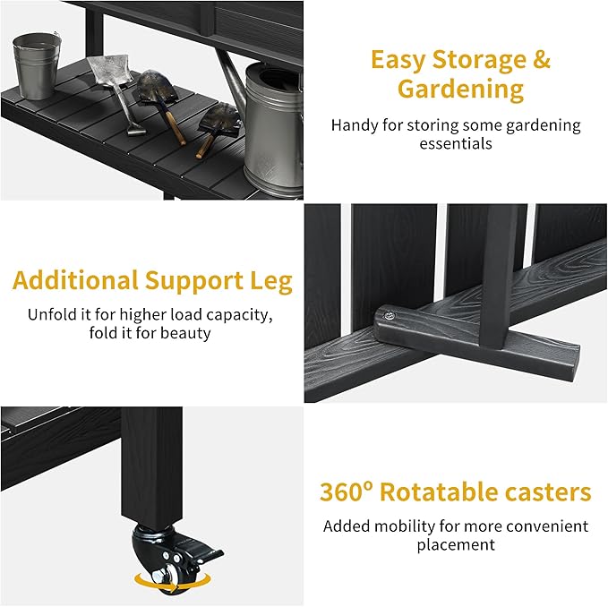 DWVO 47x18x3in Raised Garden Bed Outdoor HDPE with Legs and Lockable Wheels, Weather-Resistant Poly-Wood Elevated Planter Box, Double Tier Planters for Backyard Patio Balcony, Black