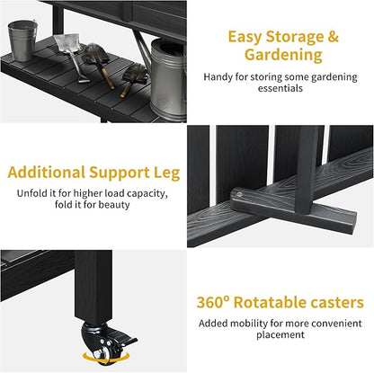 DWVO 47x18x3in Raised Garden Bed Outdoor HDPE with Legs and Lockable Wheels, Weather-Resistant Poly-Wood Elevated Planter Box, Double Tier Planters for Backyard Patio Balcony, Black