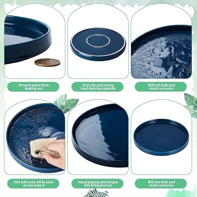 2 Pcs 8 Inch Ceramic Plant Saucer Outdoor Indoor Plant Tray Round Flower Pot Drip Trays Blue Flower Drainage Tray Glazed Pots Base for Holding Water Drips and Soil