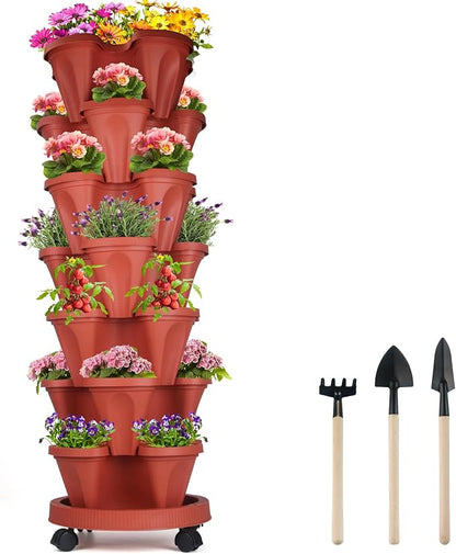 DUNCHATY Stackable Planters 7 Tier Vertical Garden Planting Tower Planters Strawberry, Herb, Flower, and Vegetable Planter Indoor Outdoor Gardening Pots with Removable Wheels and Tools