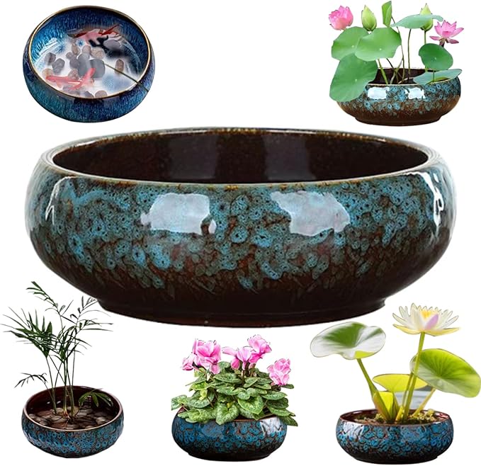 Lotus Bowl Planter, Lotus Bowls for Planting in Water Indoors, Ceramic Planters for Indoor Plants, Thickened Round Planter, for Succulent Plants Leak-Proof Design (Dark Blue)