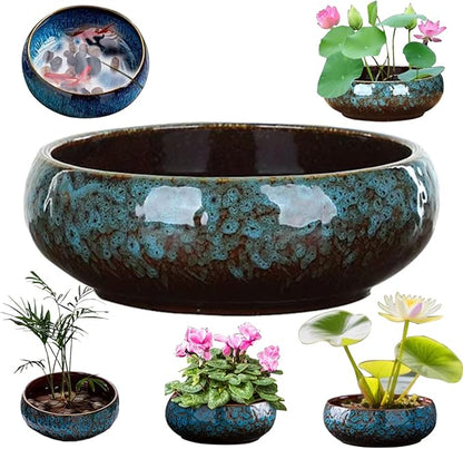 Lotus Bowl Planter, Lotus Bowls for Planting in Water Indoors, Ceramic Planters for Indoor Plants, Thickened Round Planter, for Succulent Plants Leak-Proof Design (Dark Blue)
