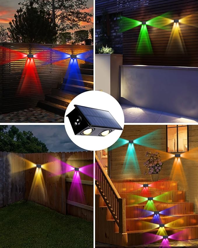 8Pack 3Side Color Changing Solar Powered Fence Lights Outdoor Decorative LED Waterproof Yard Lamps for Outside Wall, Deck, House Patio, Rail, Stair, Yard, Pool, 7 Colorful Modes, 1-Min Installation
