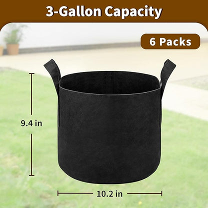 6 Pack 3 Gallon Grow Bags, Heavy Duty 300g Nonwoven Fabric Plant Pots with Reinforced Handles, Breathable Potato & Tomato Grow Bags for Vegetables, Peppers, Herbs - Black