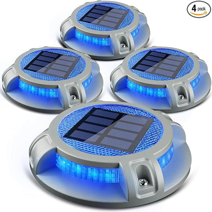 SIEDiNLAR Solar Driveway Lights Outdoor 4 Modes 40 LEDs Marine Dock Light Deck Driveway Markers Waterproof for Step Ground Walkway Pathway Yard Garden, Blue/White Dynamic Lighting (4 Pack)