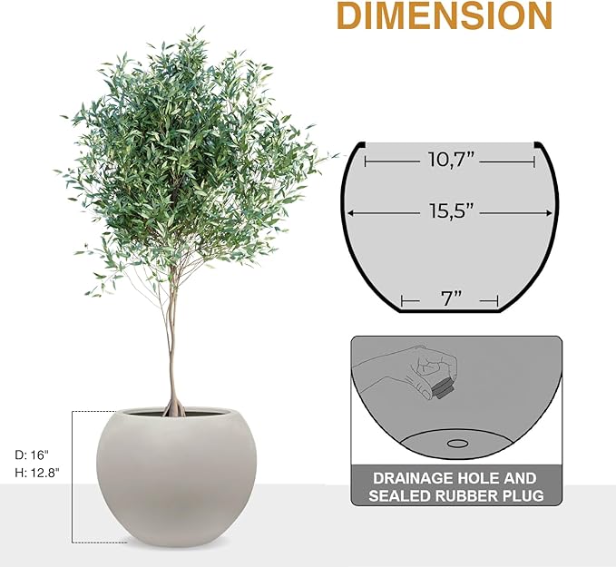 12.8" H x 16" D Globo Fiberstone Round Planter with Drainage Hole, Smooth Finishes, Weather Resistant for Indoor and Outdoor Use, Included 2 Extra Coco Mats (Taupe, 10.7" Pot Opening)