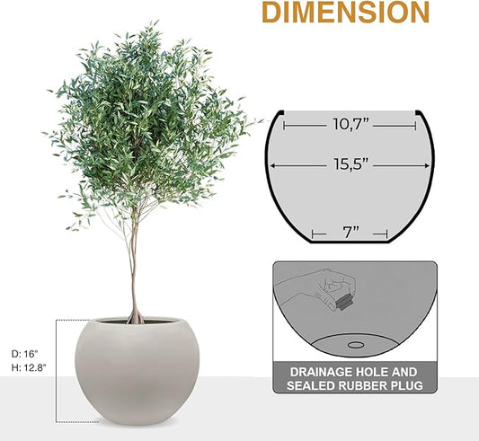 12.8" H x 16" D Globo Fiberstone Round Planter with Drainage Hole, Smooth Finishes, Weather Resistant for Indoor and Outdoor Use, Included 2 Extra Coco Mats (Taupe, 10.7" Pot Opening)